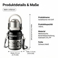 Water Bottle 700ml, Thermos Mug with Medical Ceramic Coating, 8 Hours Insulation for Coffee & Tea, Leak-Proof Thermos Flask with Strap