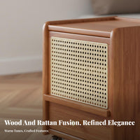 Mobile with Wheels Rattan Nightstand Narrow Design Rolling Rattan-Front Cabinet Small Footprint Bedroom Furniture Solid Wood Legs for Apartment Dwellers, Homeowners, Students, Dorm Room, Hallway, Away Ice