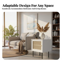 Nordic Aesthetic Rattan Door Nightstand Minimalist Design Rattan Door Cabinet Woven Accent Bedside Table Compact Size for Decor Enthusiasts, Homeowners, Renters, Bedroom, Living Room, Small Areas, Entryway