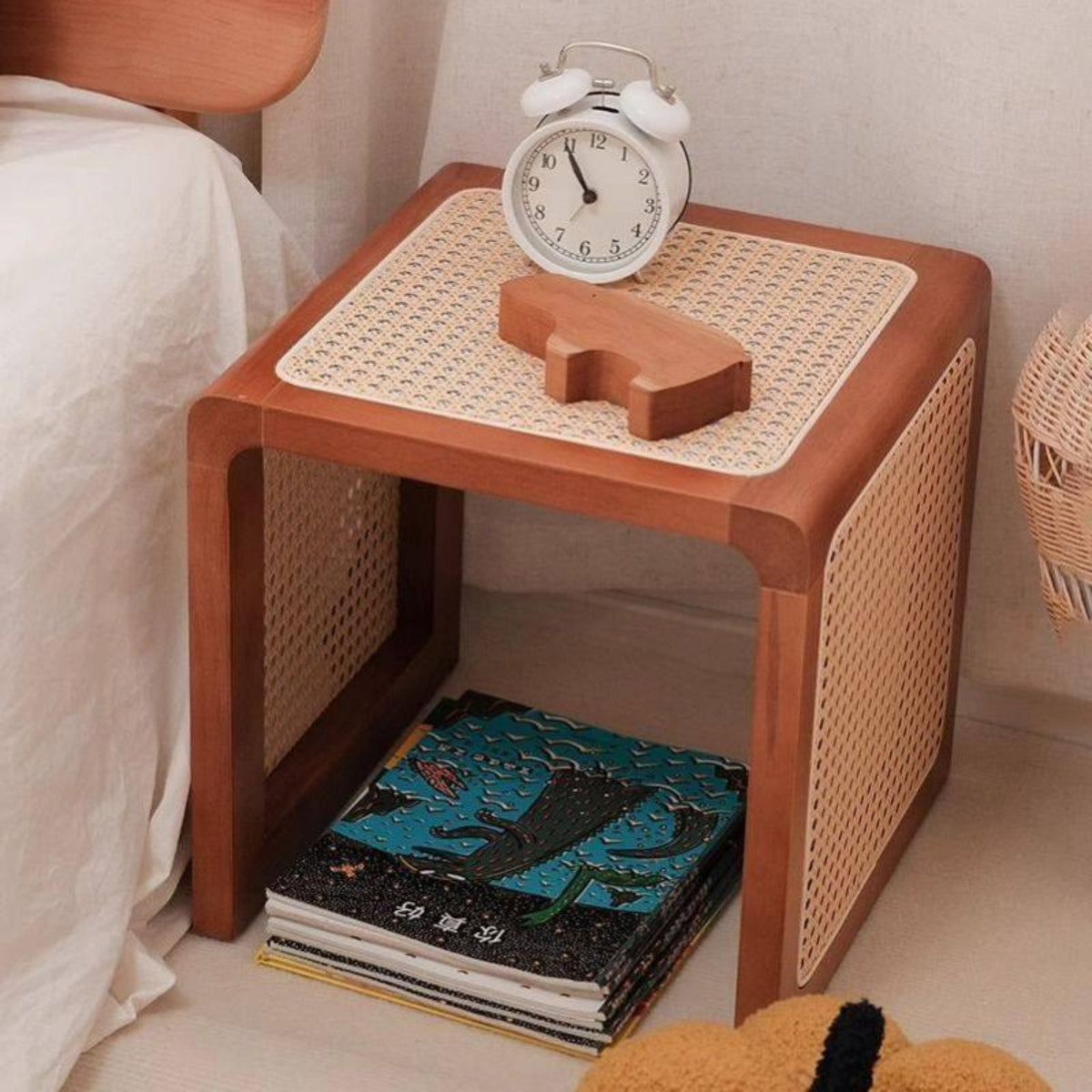 Japanese Aesthetic Rattan Cube Stool Woven Design Multi-Purpose Low Seat Space-Saving Accent Table Versatile for Apartment Dwellers, Interior Designers, Small Areas, Entryway, Living Room, Bedroom