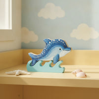 Wooden Dolphin Ornament with Wave Base Blue Dolphin Figurine with Wave Base Nautical Tabletop Decor Marine for Shelf