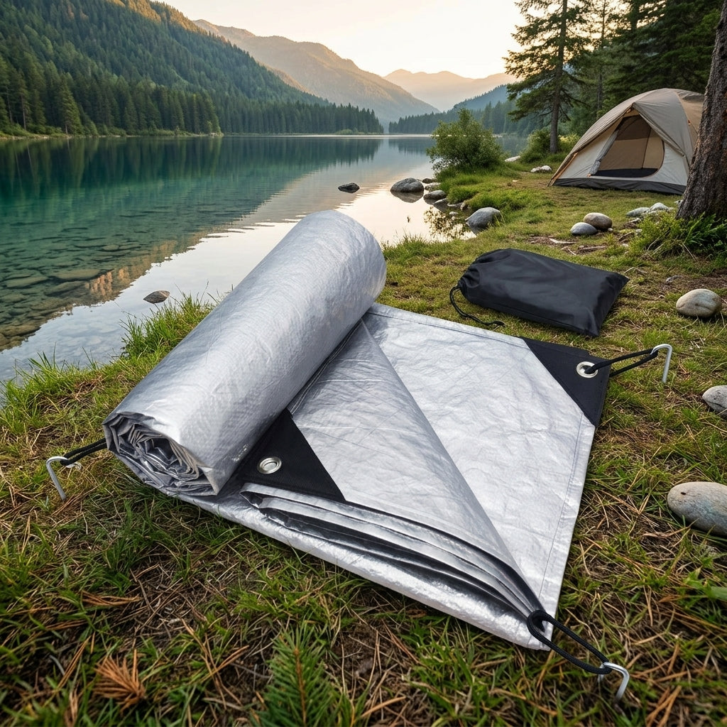 Shelter and Picnic Blanket for Outdoor Use, Heavy Duty PE Woven Camping Mat and Waterproof Cover, Tear-Resistant Beach Mat, Camping Blanket