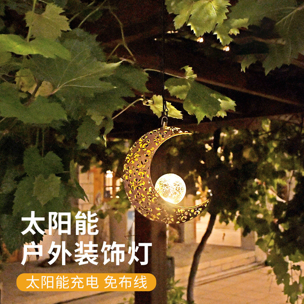 Solar Hanging Tree Light Decorative Atmosphere Lamp with Star Moon Projection, Iron Art Hollowed Outdoor Waterproof Pendant Light