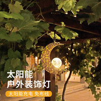 Solar Hanging Tree Light Decorative Atmosphere Lamp with Star Moon Projection, Iron Art Hollowed Outdoor Waterproof Pendant Light