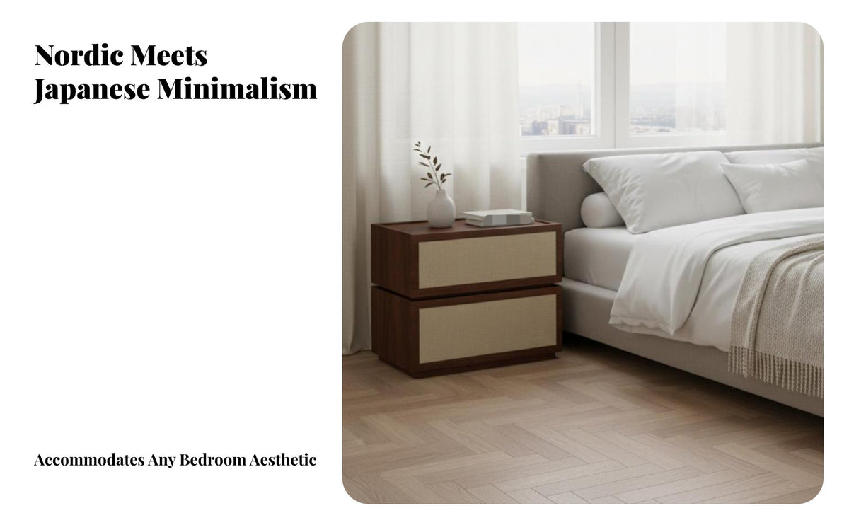 Nordic design Two-Drawer Nightstand Minimalist Aesthetic 2-Drawer Fabric Nightstand Space-Saving Design Bedside Table Sturdy Construction for Apartment Dwellers, Homeowners, Beside Bed, Next to Sofa, Living Room, Entryway