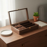 4 Compartment Watch 3 Compartment Glasses Holder Multi-Functional Compartments Wooden Watch and Glasses Box Walnut Wood Jewelry