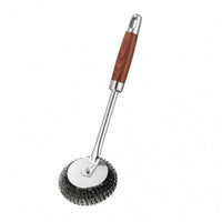 Replaceable Head Kitchen Pot Brush Wooden-Grain Handle Wire Scouring Brush Heavy Duty Stainless Steel Scrubber Grease Removal