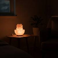 Mineral Lamp with Wooden Base Lotus-Shaped Mountain Mineral Lamp Carved Ambient for Bedside, Bedroom