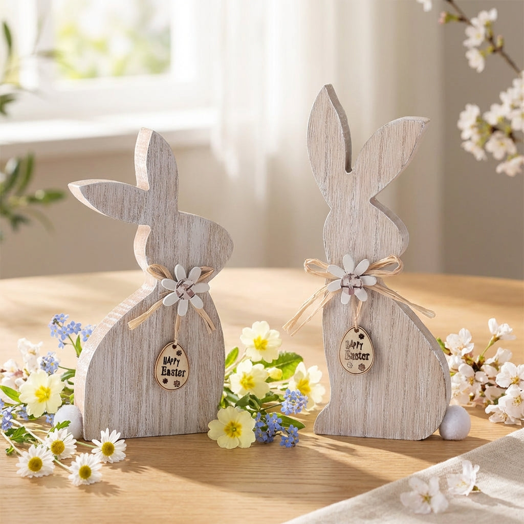 Easter Bunny Figurine Set Easter Table Decor Cute Handcrafted Wooden Bunnies Decorations for Shelf, Tabletop Display, Centerpiece