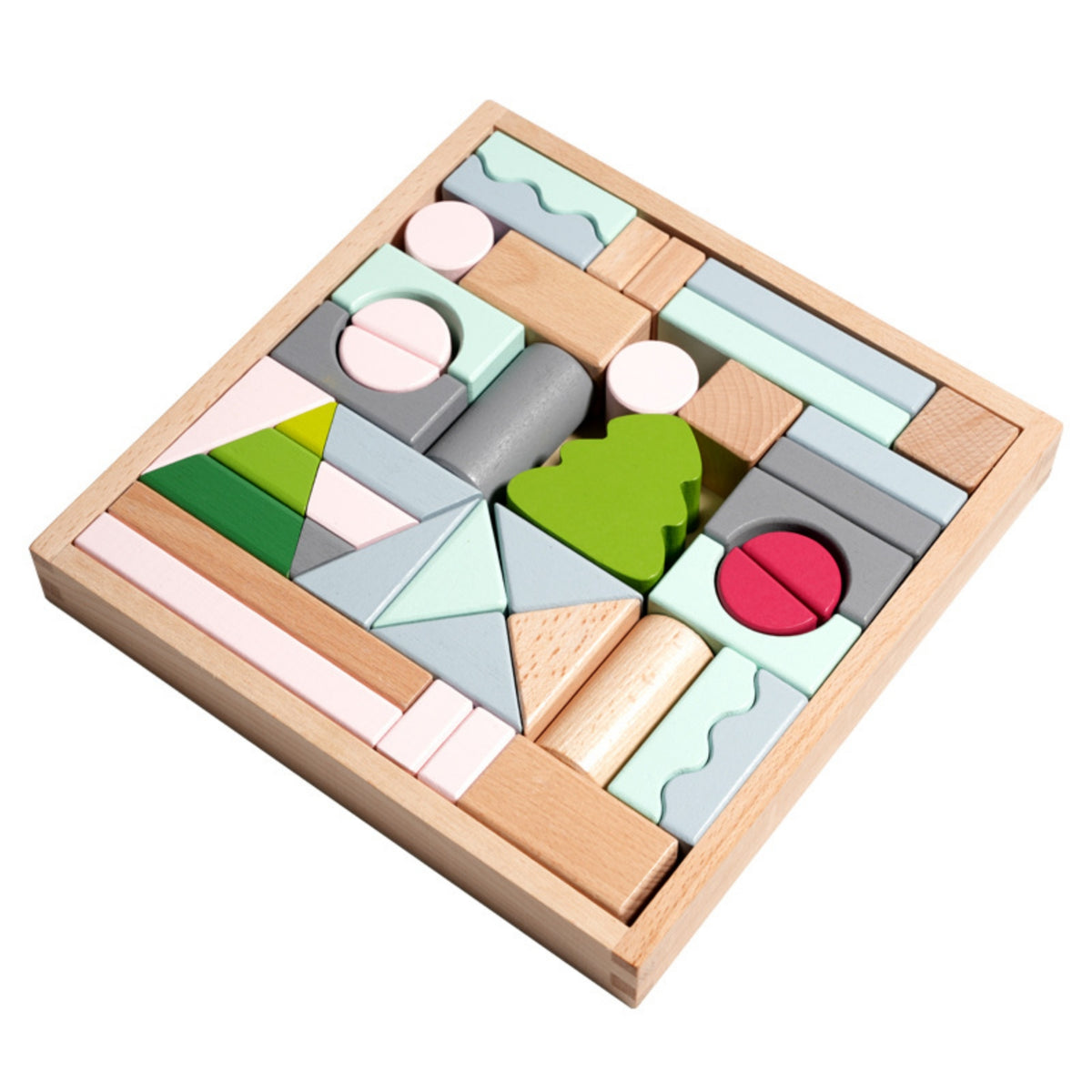 43 Pieces Wooden Blocks with Storage Tray Montessori Wooden Blocks with Tray Educational Construction Toy Set for Tabletop Play