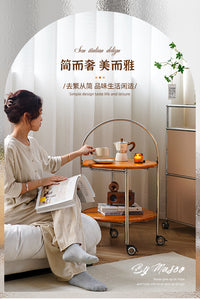 北欧中古风实木可移动折叠茶几客厅家用小户型沙发边几角几小推车 【蜜蜡色&不锈钢框架】