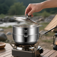 Stainless Steel Camping Cooker Set, Foldable Handle, Compact Storage, Ribbed Processing, Non-Stick Processing