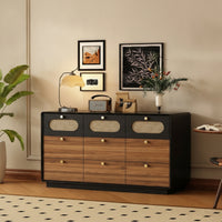 Dresser with Cane Drawers Retro Chest of Drawers with Cane Details Sturdy Wood Dresser with Knobs for Bedroom, Living Room, Hallway