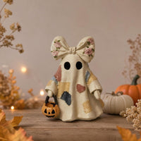 Halloween Ghost Decoration with Pail Vintage Patchwork Ghost Figure Handmade-Look Decorations Farmhouse for Shelf