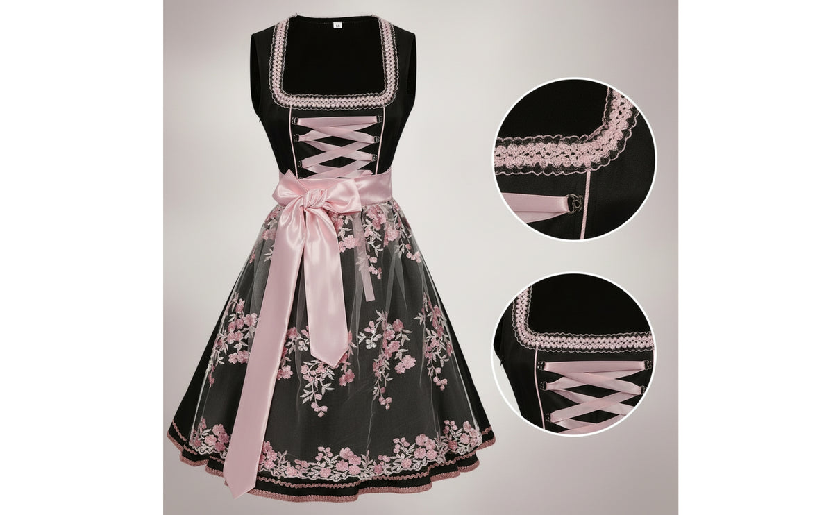 Dirndl Dress with Apron Lace-up Costume Dress with Apron Floral Dirndl for Festive Gathering, Halloween