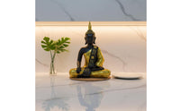 Resin Thai Buddha Sculpture Gold Finish Seated Buddha Figurine Zen Design Home Decor Detailed Craftsmanship for Hotel, Restaurant, Spa, Lounge