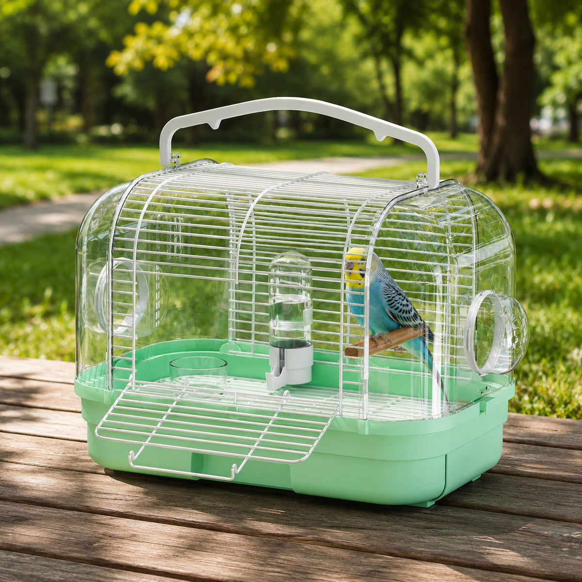 Parrot Cage M Size Green Polymer Bird Cage with Perch, Feeder, Waterer Portable For Vet Visits Disaster Preparedness