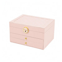 PU Leather Three-Layer Jewelry Box Geometric-patternedQuilted Hard-Shell Jewelry Case Pull-out Drawers Gold-Tone