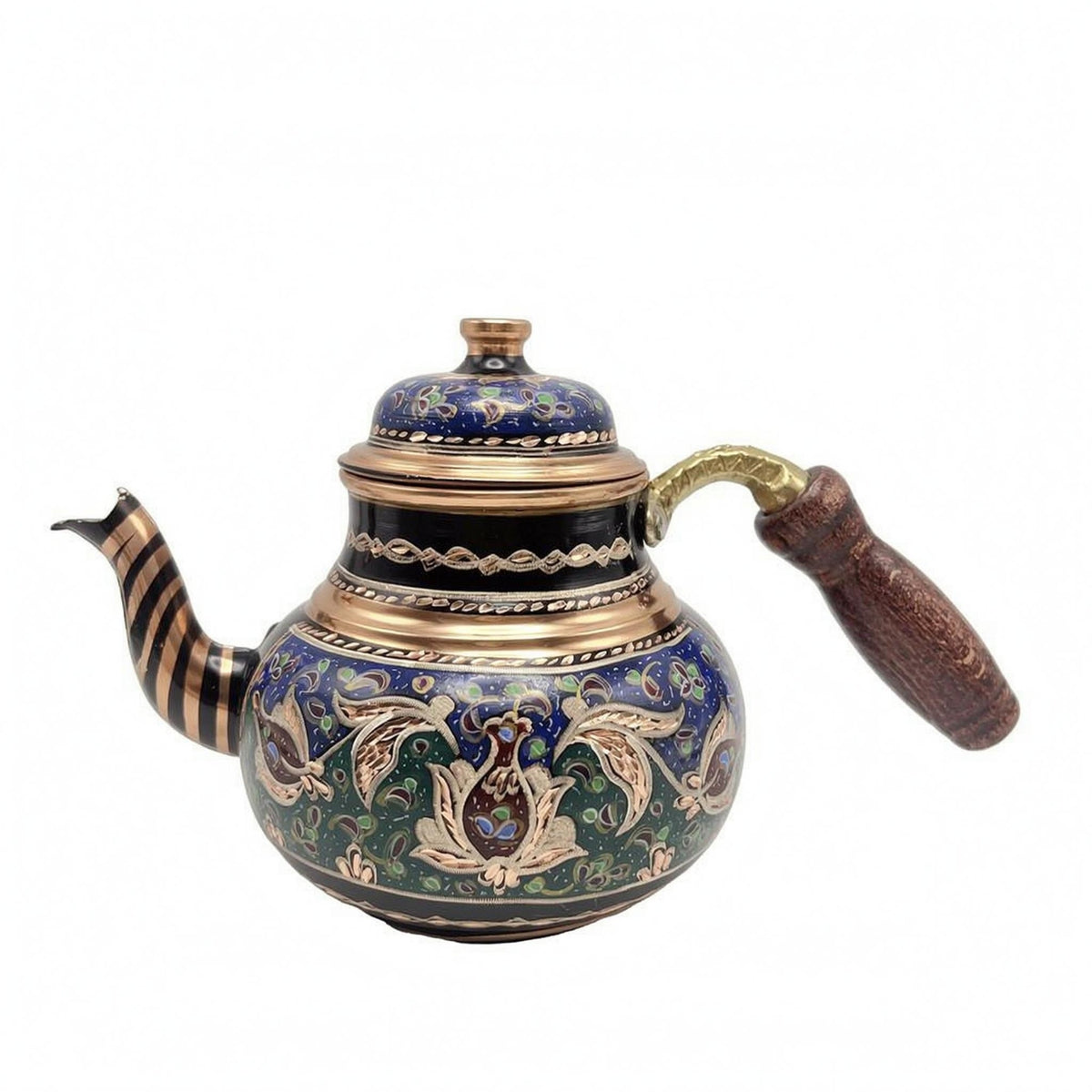 Handmade Copper Turkish Teapot Floral Scroll Design Decorative Copper Tea Pot Metallic-Finish Trim Turkish Style Teapot Wood-Textured Grip
