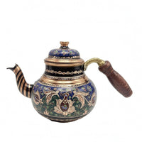 Handmade Copper Turkish Teapot Floral Scroll Design Decorative Copper Tea Pot Metallic-Finish Trim Turkish Style Teapot Wood-Textured Grip