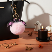 Halloween Colorful Bat Pom Pom Keychain Plush Bag Charm Car Accessory