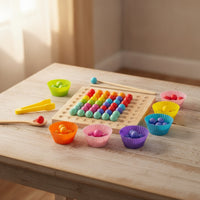 Child-Led-Style Bead Matching Board with Chopsticks Educational Wooden Sorting Board with Tweezers Fine Motor Bead Matching Game Tabletop for Preschoolers, Toddlers, Classroom, Homeschool, Playroom