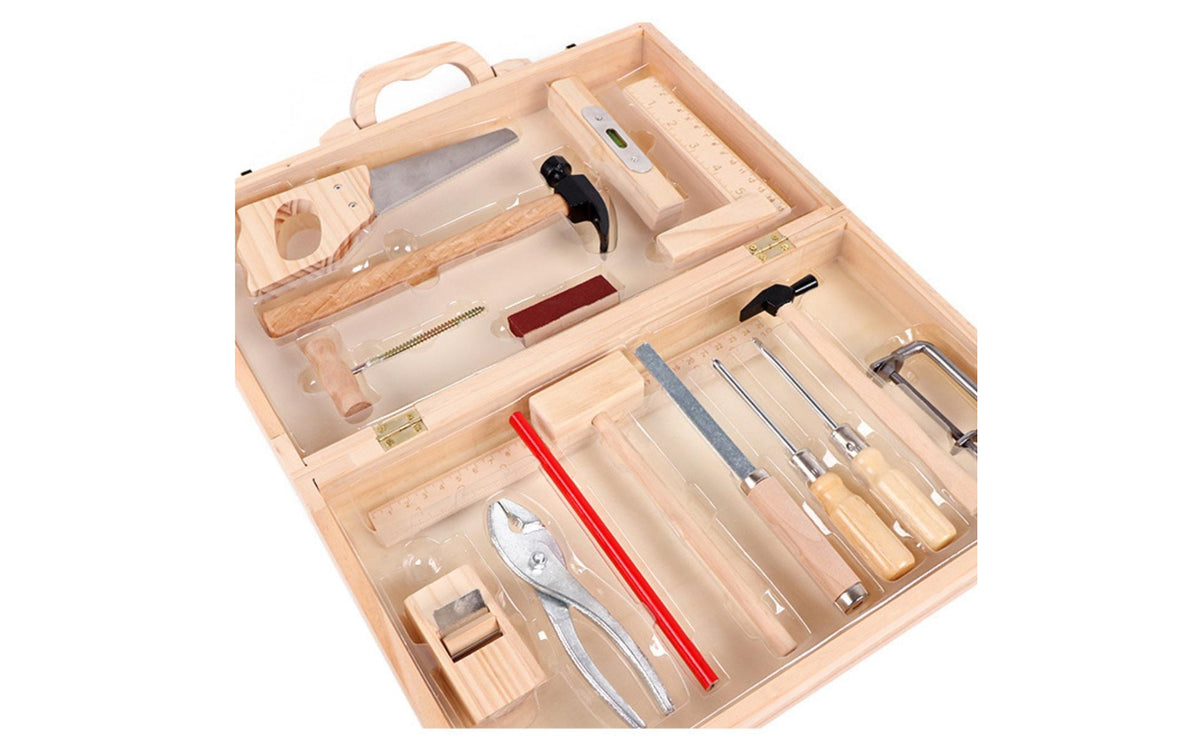 Suitcase Style Carpentry Repair Toy Natural Wood Finish Wooden Tool Box Toy Assorted Pieces Wooden Toolbox Set Metal