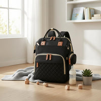 Faux Leather Trim Woven Diaper Backpack Quilted Panel Rectangular Diaper Backpack Top Carry Handle Carryall Multiple Compartments