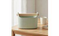 Waste Bin with Wood Handle Ribbed Trash Can Compact for Bathroom Vanity