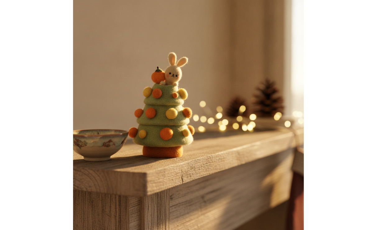 Whimsical Felt Christmas Tree Mini Felt Tree with Rabbit Cute Bunny Ornament Adorable for Shelves