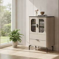 Side Cabinet with Glass Doors Modern Cabinet with Glass Doors Compact Credenza with Drawer for Living Room, Small Areas