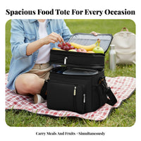 Large Capacity two Compartment Insulated Bag spill-resistant seamless interior lining two Compartment Food container Detachable Shoulder Strap chiller Tote for Outdoor lovers, Office Workers, al fresco meal, Camping, journey journey, School