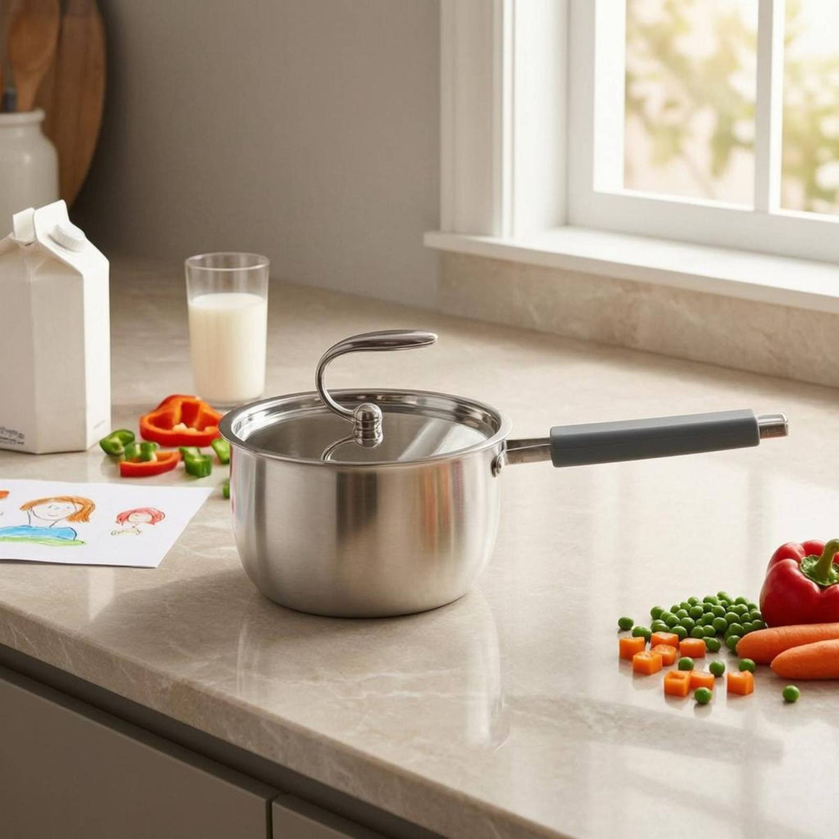 Stainless Steel Milk Pot Brushed Silver Lidded Milk Pot Rust-Resistant Cooking Vessel