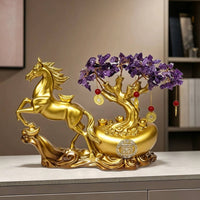 Gold-Colored Horse Statue with Wealth Tree Crystal-Like Feng Shui Horse Figurine Tabletop Decor Wealth for Business Owners