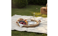 Handmade Countryside Platter Handcrafted Round Beaded Wood Tray Convenient Handle Farmhouse Dessert Display Set for Parties, Weddings