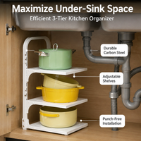 Kitchen Cupboard Organiser Pot Rack, 3 Layer Space Saving Organiser, Adjustable Carbon Steel for Saucepans, Pots & Pans