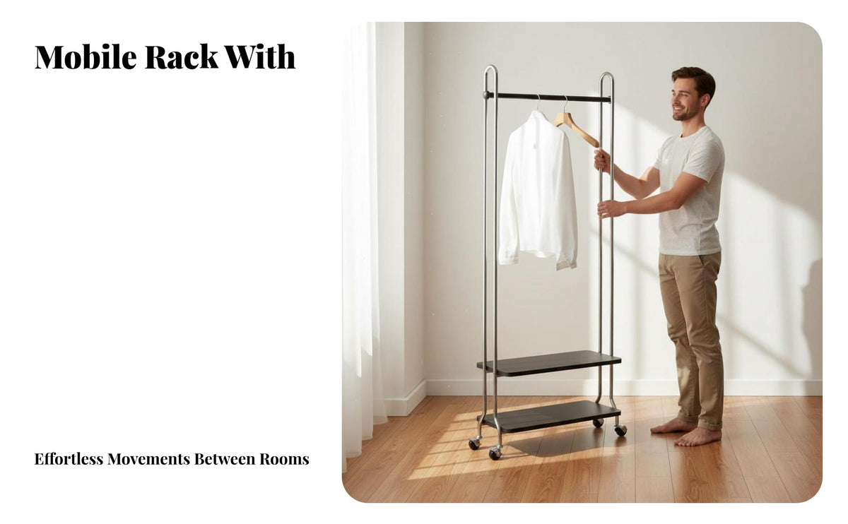 Rolling Garment Rack Stainless Steel Frame Freestanding Clothes Rack with Shelves Vintage Design Mobile Clothes Hanger for Bedroom, Entryway