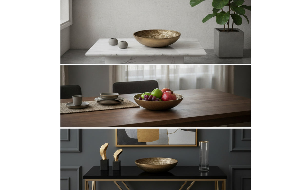 Oval Bowl with Hammered Texture Elegant Aluminum Bowl with Wide Large Serving Dish for Dining Table