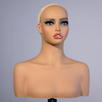 Mannequin Head with Shoulders Skin-Tone Manikin Head Prominent Lip Shape Female Mannequin Bust for Hairpiece Makers