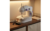 Compact Desktop Sewing Machine Foot Pedal Electric Sewing Machine White and Violet Adjustable Dials