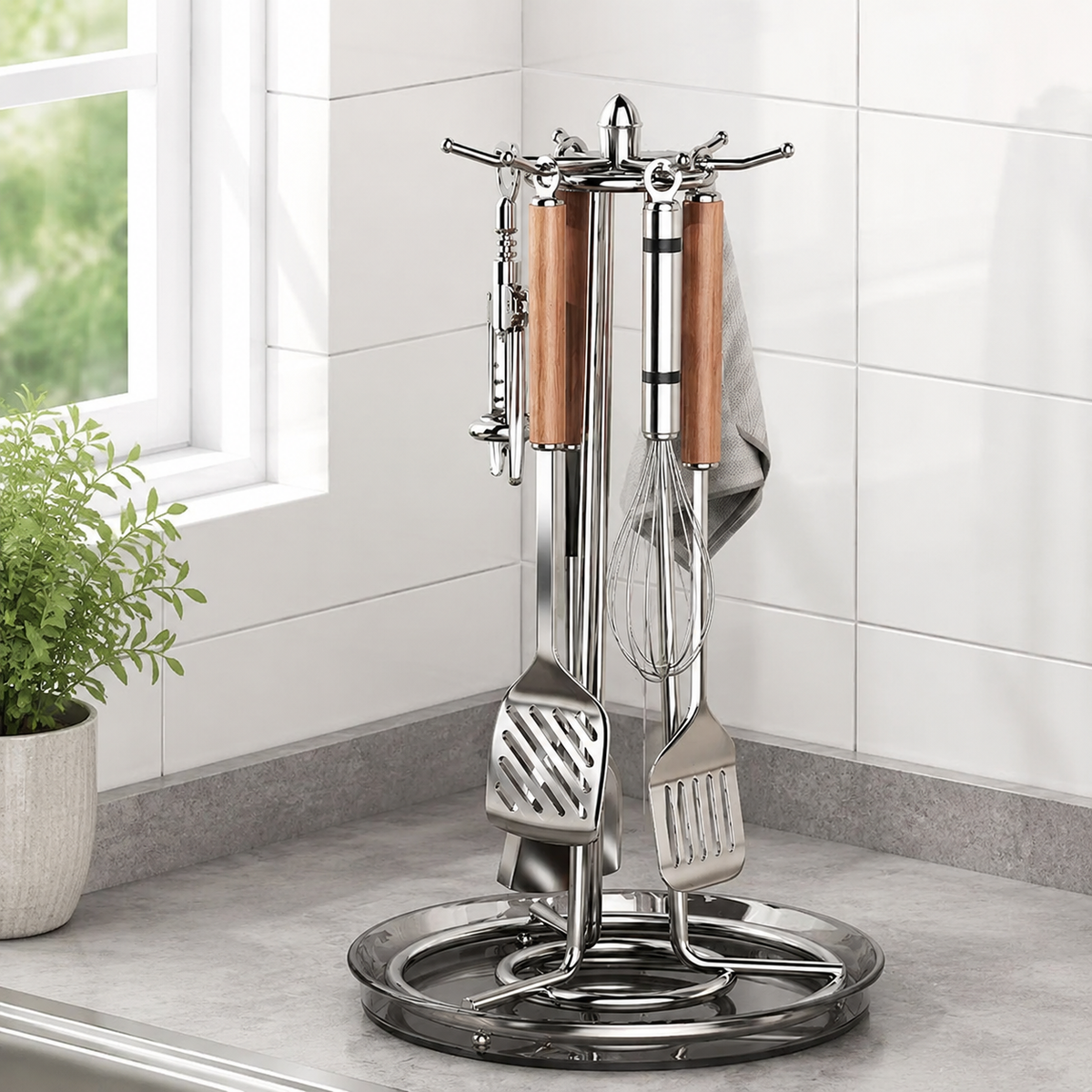 Kitchen Tool Storage, Stainless Steel, With Draining, 17x19x46cm, Rotating, 6 Hooks, Cutlery Holder