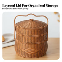 Woven design two-levellevel Lidded Basket Portable Handle Gift Hamper With Lid Household Container for New Homeowners, Newlyweds, Families, Weddings, Housewarming Parties, outdoor meals, Home Storage