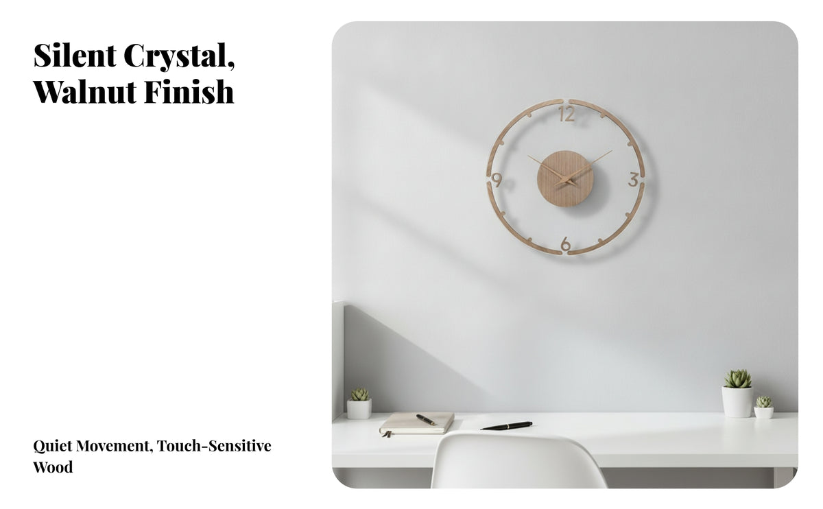 Wood-Grain Round Wall Clock | Walnut-Look Finish, Open Circular Frame, Acrylic Wall Clock, for Living Room