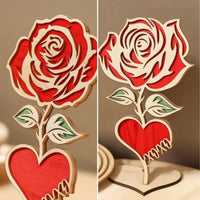 Laser-Cut Wooden Rose Heart Decor Romantic Heart-Shaped Wooden Sign with Stand Handmade Look Layered Wood Cutout Festive for Couples, Valentine's Day, Anniversary, Wedding Reception