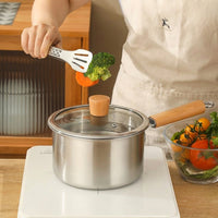 Instant Noodles Stainless Steel Pot with Glass Lid, 304 Stainless Steel Deep Fryer and Milk Pan, Small Frying Pan and Baby Food Maker, Tongs