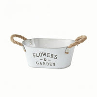 Farmhouse Metal Planter with Rope Handles Rustic Planter with Rope Handles Whitewashed Metal Flower Pot Distressed for Entry Table, Desk, Windowsill, Shelf