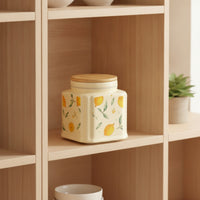 Decorative Ceramic Jar with Wooden Lid Airtight Lemon Print Canister Moisture-Proof Ceramic Jar with Lid Cute for Homeowners, Bakers, Kitchen Counter, Pantry, Coffee Bar