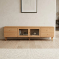 TV Cabinet with Drawers Solid Wood TV Stand with Drawers Ribbed Glass-Front Media Console for Living Room, Apartment