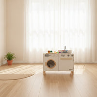 Wooden Washing Machine Toy Front-Loading Pretend Washing Machine Toy Washer Realistic Play Appliance Safe for Children, Playroom