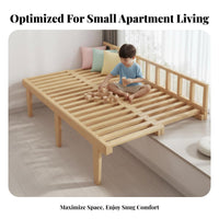 Space-Saving Extendable Slatted Bed with Guardrail Bedroom Furniture Expandable Frame Daybed no-box-support foundation-required support foundation Required for Apartment Dwellers, Students, Children, Bay opening, Small areas, Kid's Room